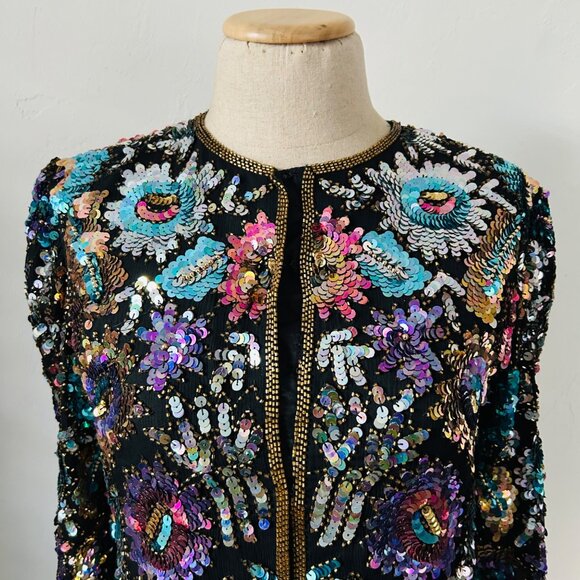 Vtg Lawrence Kazar New York Sequin Embellished Floral Colorful Sequin Jacket - Picture 16 of 16